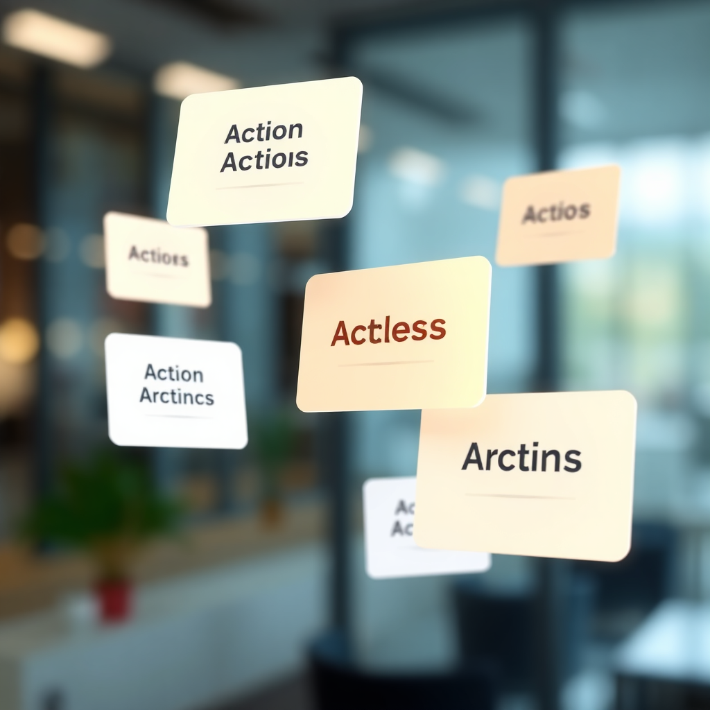 A digitally created image of floating business action plans. The action plans should have titles hinting towards various business topics. Backlighting should be present to highlight the action plans. This should be set against a blurry background. Style should be clean and modern. Technical specs: High res, vector graphics.