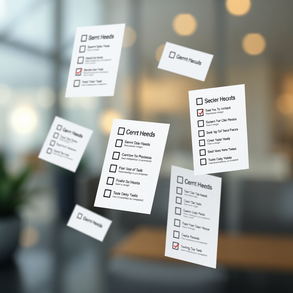 A digitally created image of floating checklists. The checklists should have titles hinting towards various business topics. Backlighting should be present to highlight the checklists. This should be set against a blurry background. Style should be clean and modern. Technical specs: High res, vector graphics.