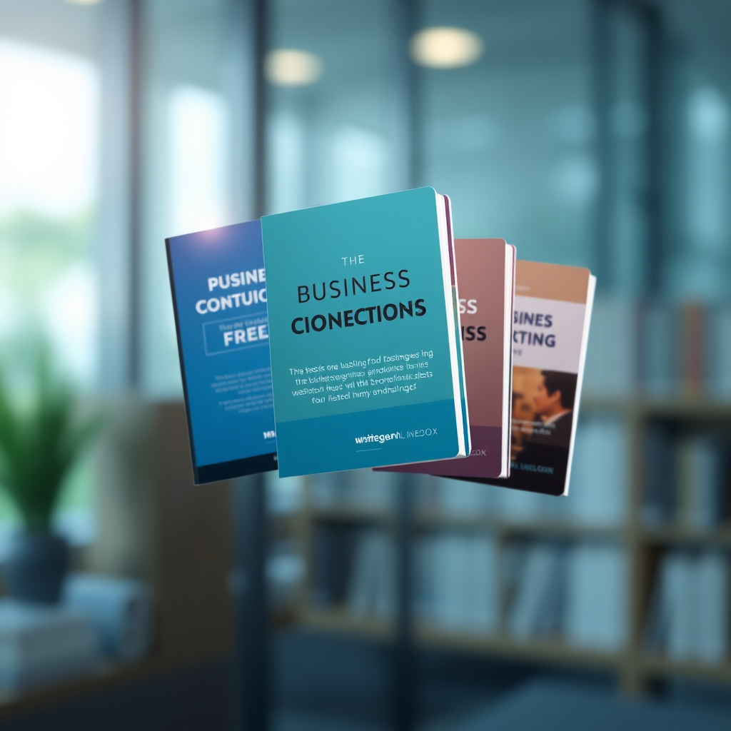 A digitally created image of floating e-books. The ebooks should have covers hinting towards business consulting and free resources. Backlighting should be present to highlight the ebooks. This should be set against a blurry background. Style should be clean and modern. Technical specs: High res, vector graphics.