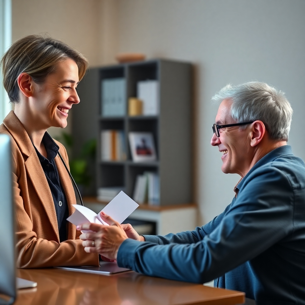 A photorealistic image, 4K resolution. Depict a friendly consultant assisting a client with the online application process for an IRS payment plan. Use soft lighting and a professional color palette. The camera angle should be from the client's perspective, putting them in focus. The image should create trust and confidence in the process.
