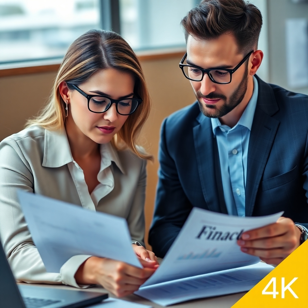 A photorealistic image, 4K resolution. Show a financial advisor reviewing financial documents with a client. Use a professional color palette that invokes security and trustworthiness. The camera angle should be medium, focusing on the faces of both parties. The image should evoke a feeling of confidence and understanding.