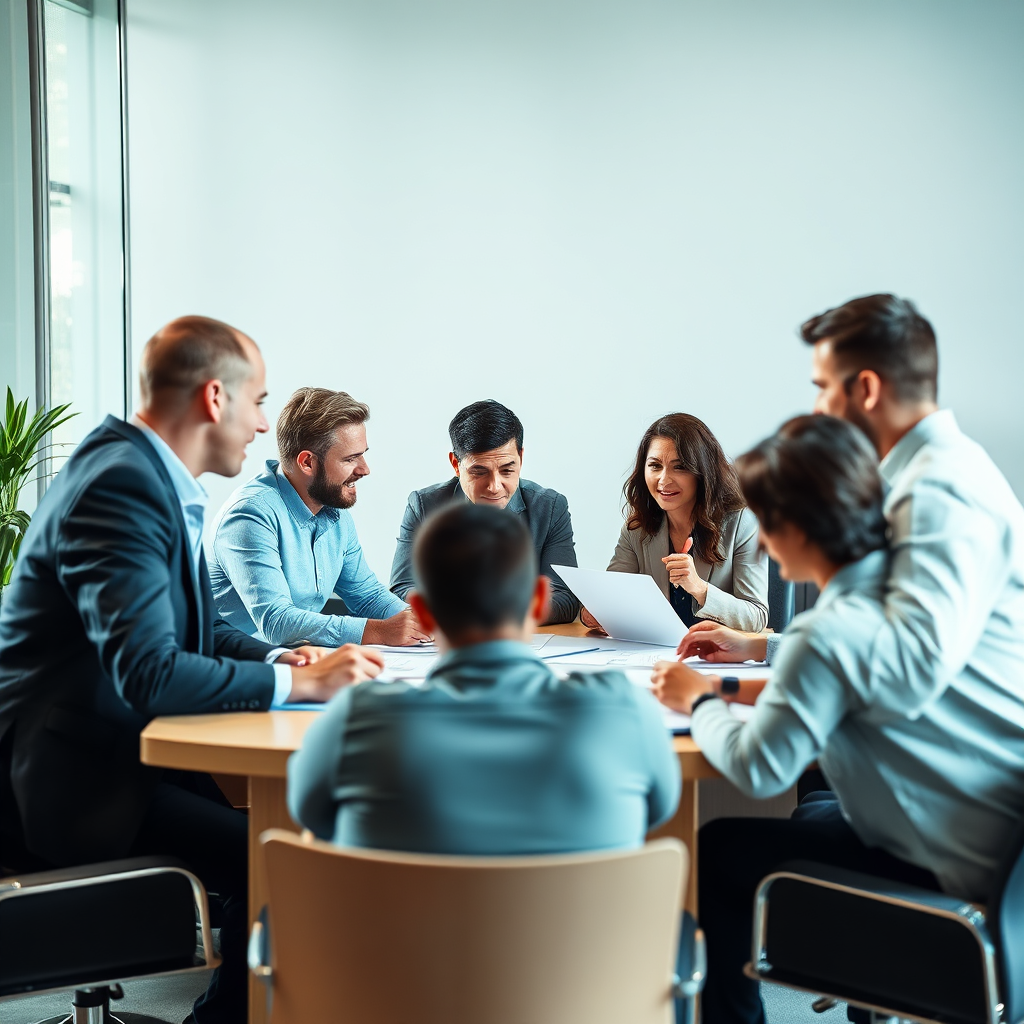A photorealistic image depicting a group of business professionals collaborating around a table, brainstorming and strategizing. The scene is filled with energy and enthusiasm, with a focus on the shared goal of achieving success. The color palette is professional and inviting, using shades of blue, green, and gray. The camera angle is a medium shot, showing the interaction and teamwork of the group. The texture details are crisp and clear, emphasizing the realism of the scene. Consider a style reminiscent of stock photos of business meetings and collaborations. Technical specs: High resolution, realistic lighting.