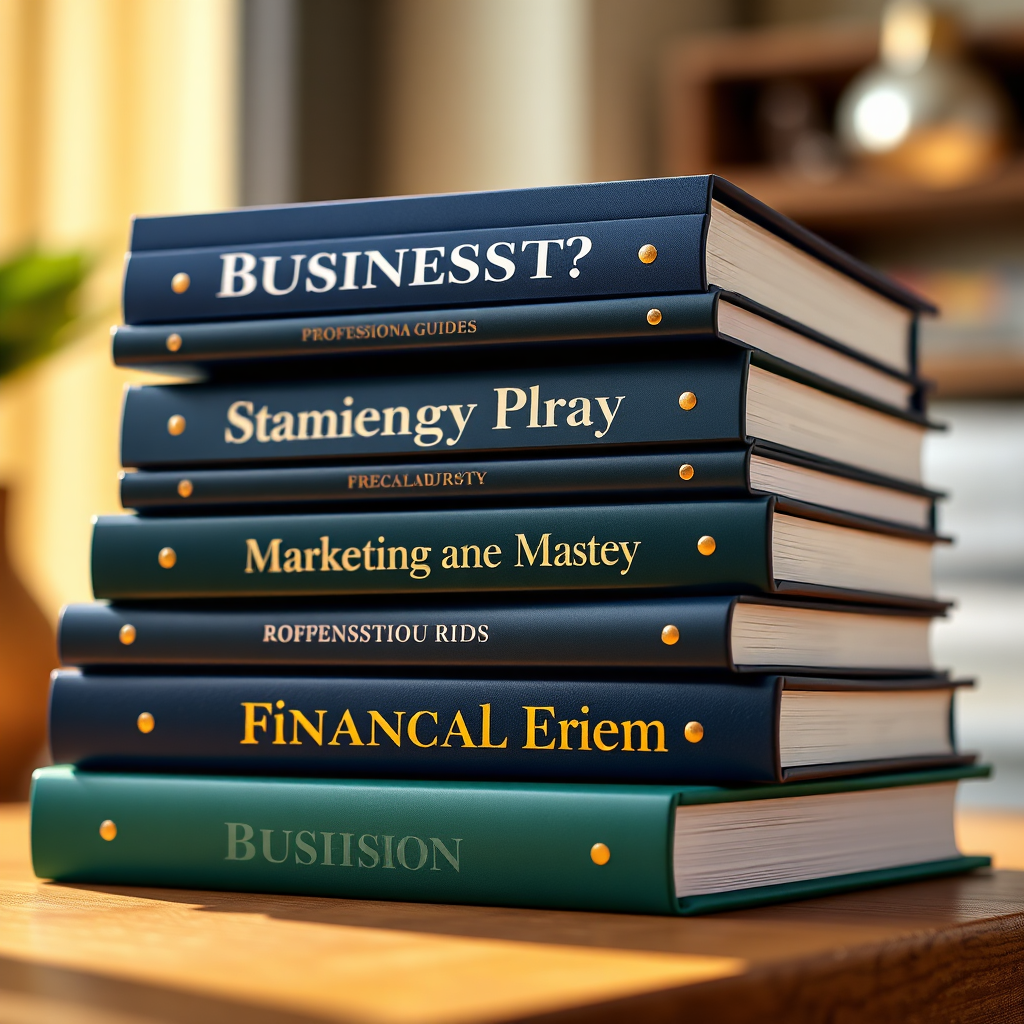 A photorealistic image depicting a stack of elegantly designed business guides. The guides are arranged in a visually appealing manner, with titles that hint at topics like 'Strategic Planning,' 'Marketing Mastery,' and 'Financial Freedom.' The scene is bathed in warm, inviting light, highlighting the professional quality of the guides. The color palette consists of deep blues, greens, and golds, symbolizing trust, growth, and value. The camera angle is a close-up shot, emphasizing the texture and design of the guides. Consider a style reminiscent of promotional material for premium business resources. Technical specs: High resolution, sharp focus.