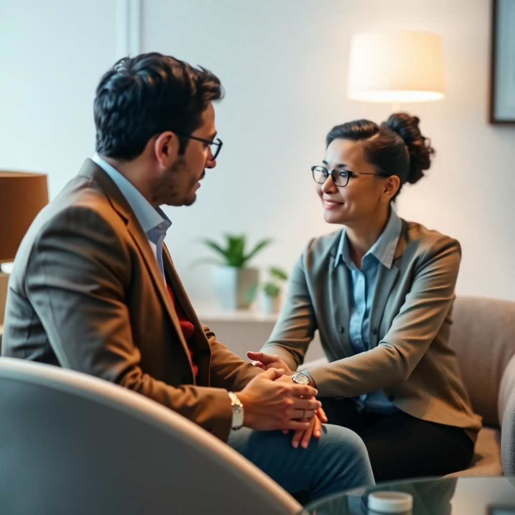 A photorealistic image depicting a consultation between a tax professional and a client, focusing on a calm and supportive environment. 4K resolution, soft lighting, and neutral color palette.