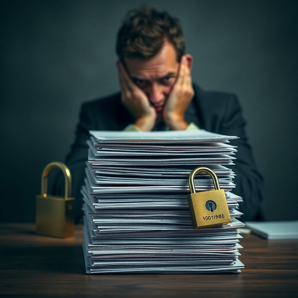 A photorealistic image depicting a stack of official-looking legal documents piling up, with a padlock and a frustrated person in the background. The colors should be muted, and the overall style serious and concerning. Resolution: 4K, highly detailed. Lighting: Soft, slightly dramatic.