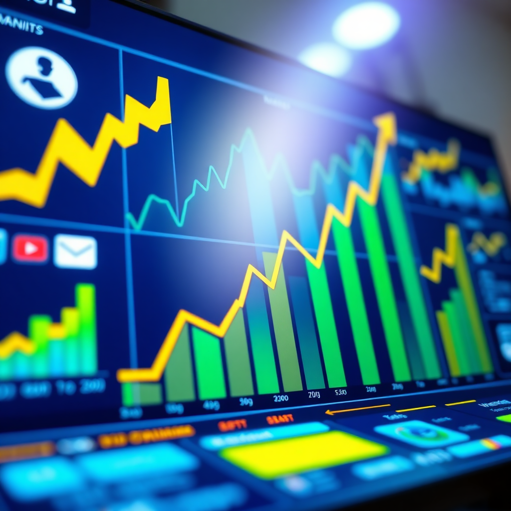 A photorealistic image of a digital marketing dashboard displaying upward trending graphs and charts. The dashboard features various marketing channels, such as social media icons, email campaign analytics, and website traffic data. The scene is brightly lit with a focus on the positive growth indicators. The color palette uses vibrant blues, greens, and yellows to convey success and optimism. The camera angle is a close-up, highlighting the details of the dashboard and the data it presents. The texture details should be crisp and clear, emphasizing the digital nature of the interface. Consider a style reminiscent of modern marketing software interfaces. Technical specs: High resolution, realistic lighting.