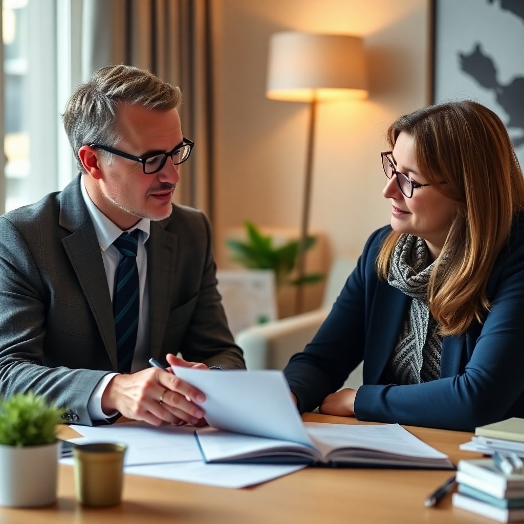 A photorealistic image of a financial planner and a client discussing future financial plans, representing a proactive approach to tax management.  Use a warm and supportive setting, a 4K resolution, and a calming color palette.