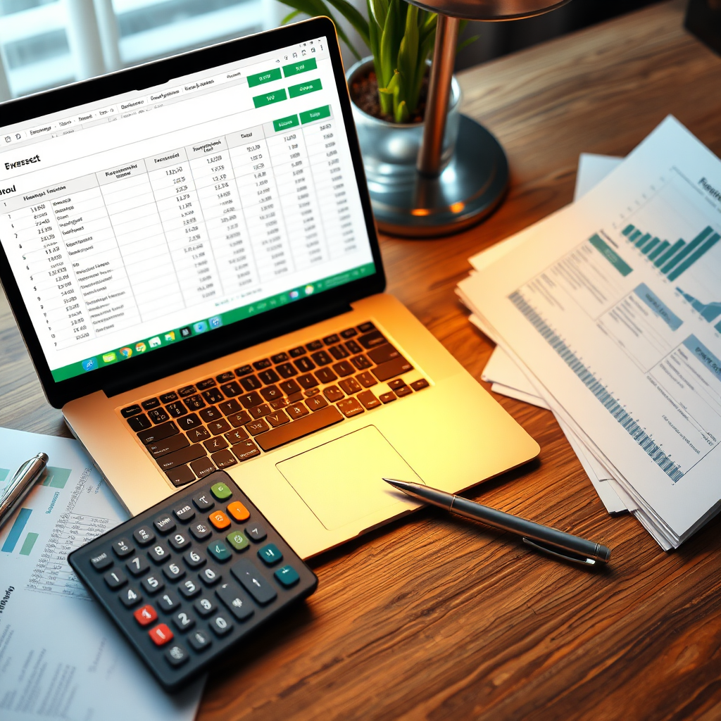 A photorealistic image of a financial planner's desk with a spreadsheet displayed on a laptop. The spreadsheet shows various financial metrics, such as income, expenses, and investments. The desk is also adorned with financial documents, a calculator, and a pen. The scene is well-lit with a warm, inviting glow. The color palette uses shades of green, gold, and brown to convey financial stability and growth. The camera angle is a slightly overhead shot, capturing the entire desk and the items on it. The texture details should be crisp and clear, emphasizing the realism of the scene. Consider a style reminiscent of stock photos of financial planning environments. Technical specs: High resolution, realistic lighting.