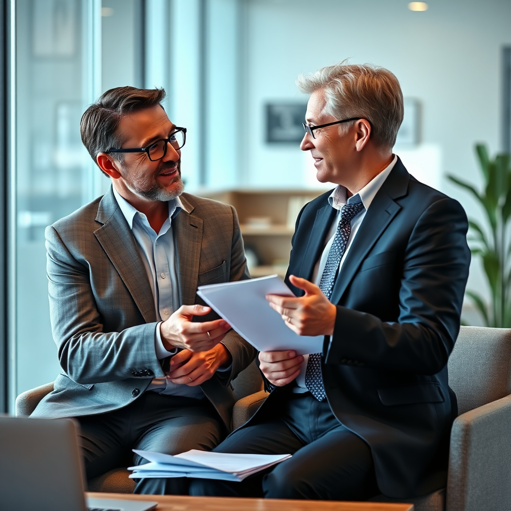 A photorealistic image of a financial advisor providing guidance to a client. The scene is set in a modern office, with a focus on the trust and collaboration between the advisor and the client. The color palette is professional and reassuring, using shades of blue, green, and brown. The camera angle is a medium shot, showing the interaction and communication between the two individuals. The texture details are crisp and clear, emphasizing the realism of the scene. Consider a style reminiscent of stock photos of financial consultations and advisory services. Technical specs: High resolution, realistic lighting.