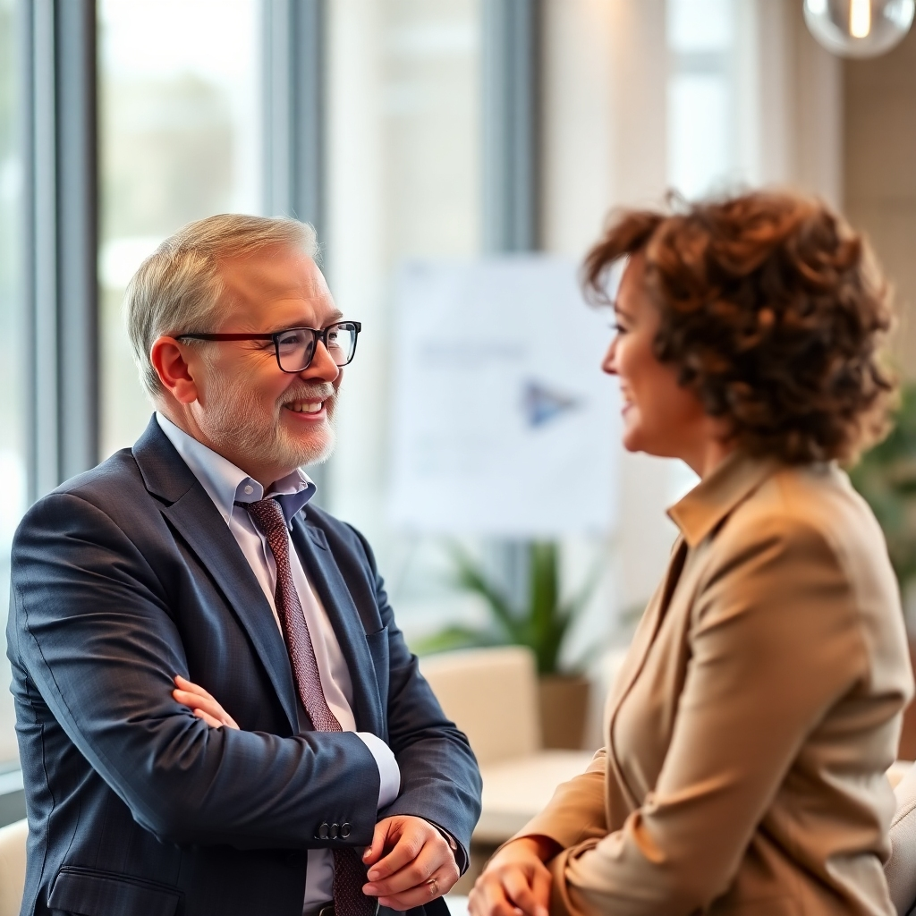 A photorealistic image of a financial advisor talking to a client in a professional setting, focusing on trust and relationship building. Resolution: 4K, warm and friendly atmosphere.