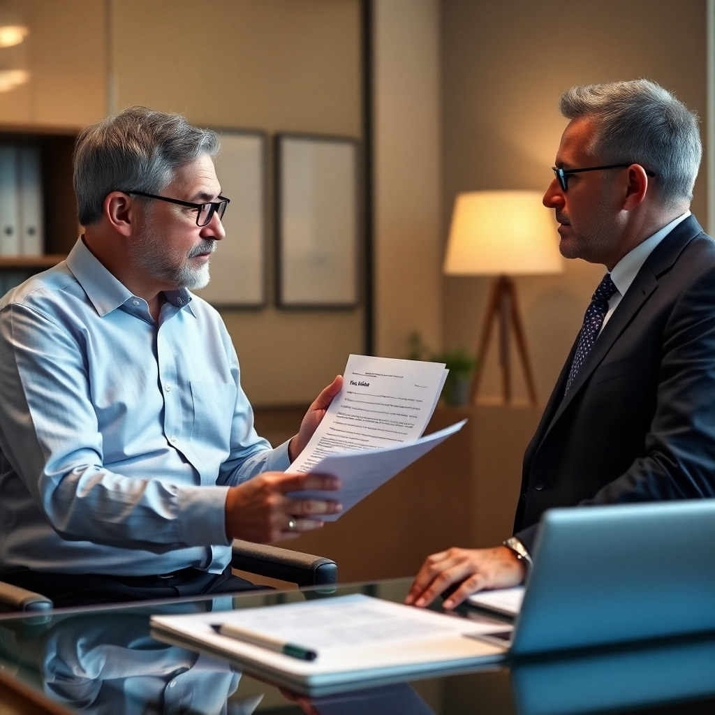 A photorealistic image of a person consulting with a financial advisor, discussing paperwork related to IRS tax debt.  The setting should be a professional office, with soft, warm lighting, emphasizing the trust and collaboration.  The image should have a high-quality 4K resolution and a calm, reassuring color palette.