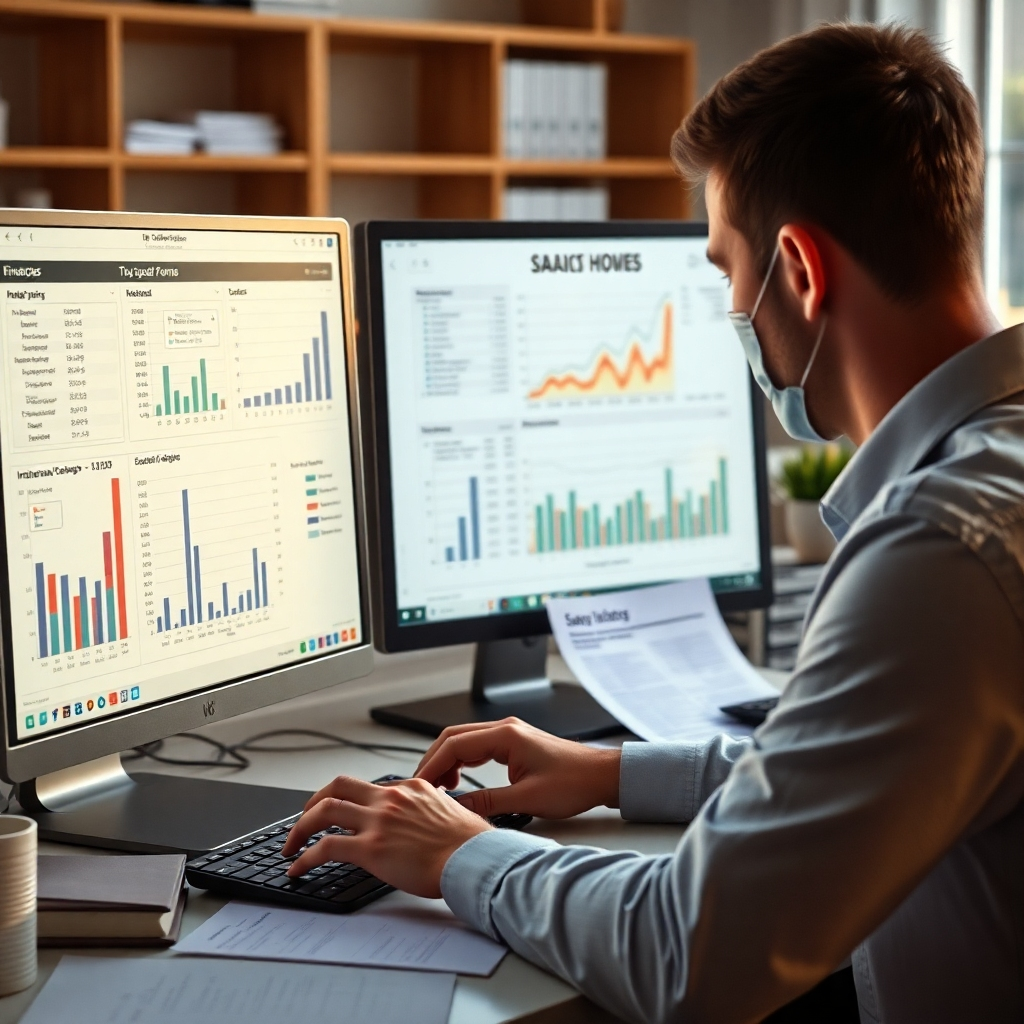 A photorealistic image of a person working on a computer, showing financial spreadsheets, graphs and tax forms. Resolution: 4K, warm lighting, professional environment