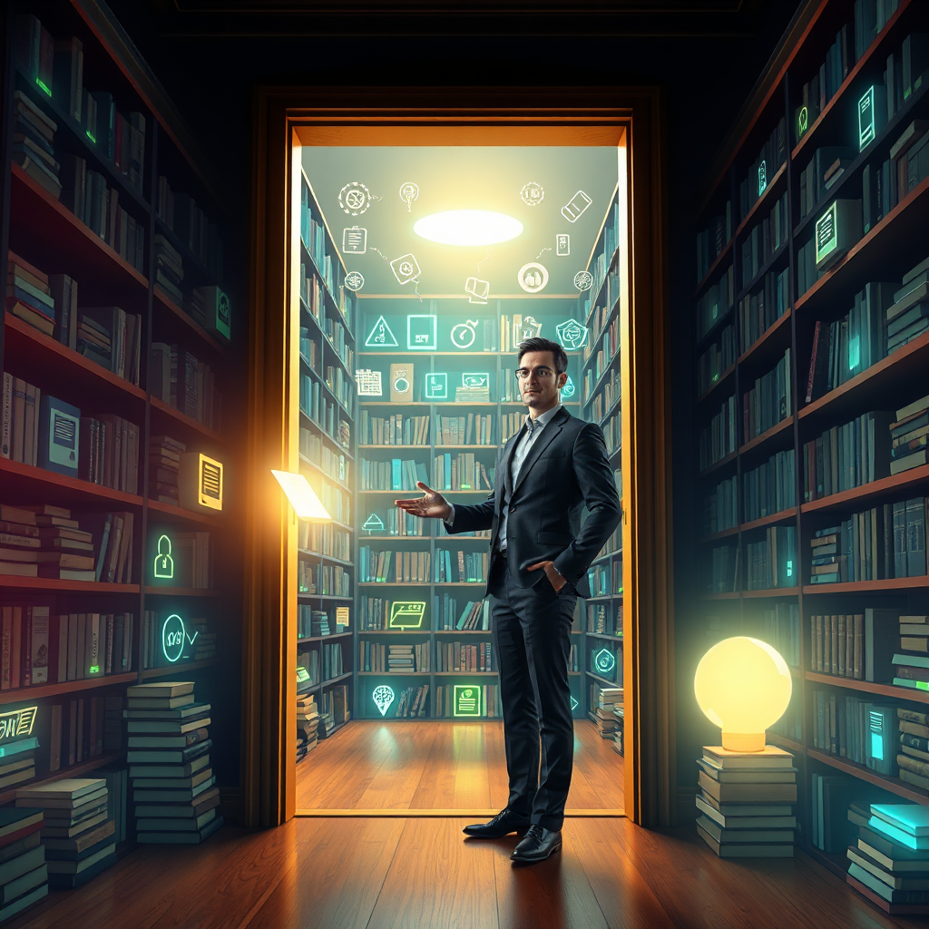 A photorealistic, ultra-high quality hero image for Ay Dee Consulting, showcasing a vast library of free business resources. The scene should depict an open doorway leading to a brightly lit library filled with glowing digital books, documents, and icons representing various business tools and strategies. In the foreground, a confident business person is reaching out to grab a glowing document. The lighting should be warm and inviting, with a color palette dominated by blues, greens, and golds to symbolize trust, growth, and value. The camera angle should be a wide shot, capturing the depth and scale of the resource library. Texture details should be crisp and realistic, emphasizing the tactile quality of physical books alongside the sleekness of digital interfaces. Consider a style reminiscent of modern knowledge repositories. Technical specs: 8K resolution, hyperrealistic rendering.