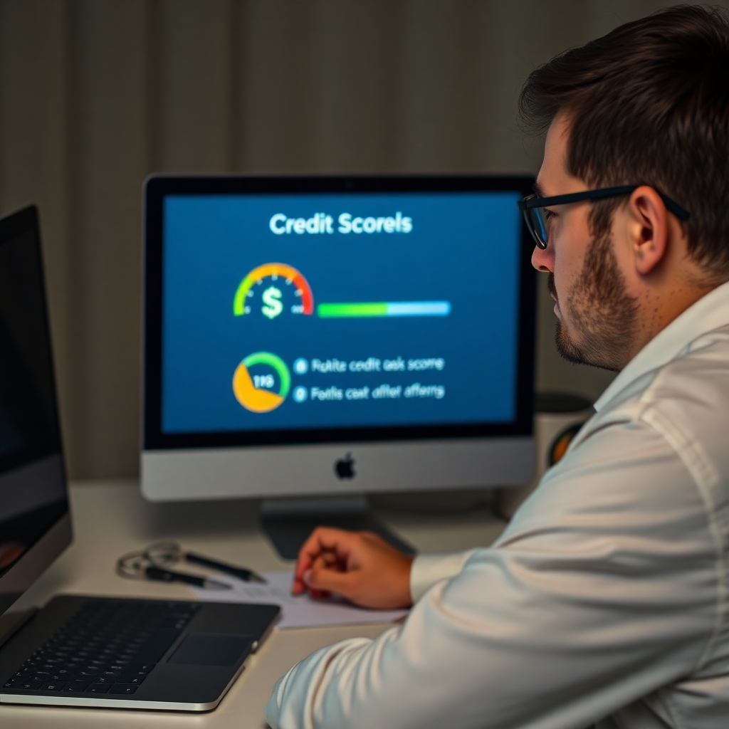 A realistic image of a person in front of a computer, showing a low credit score with a serious expression on their face. The image should communicate the negative long-term effects of neglecting taxes. Resolution: 4K, highly detailed. Lighting: Soft, realistic.