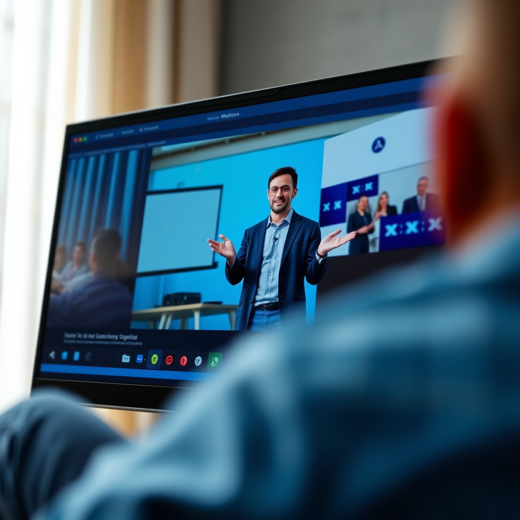 A screen displaying a webinar recording, featuring a charismatic speaker delivering a presentation on a business topic. The scene captures the energy and engagement of the webinar, with a focus on the speaker and the content being presented. The color palette is professional and inviting, using shades of blue, green, and gray. The camera angle is a medium shot, showing the speaker and the presentation slides. The texture details are crisp and clear, emphasizing the clarity of the video. Consider a style reminiscent of promotional material for online courses or business events. Technical specs: High resolution, realistic lighting.