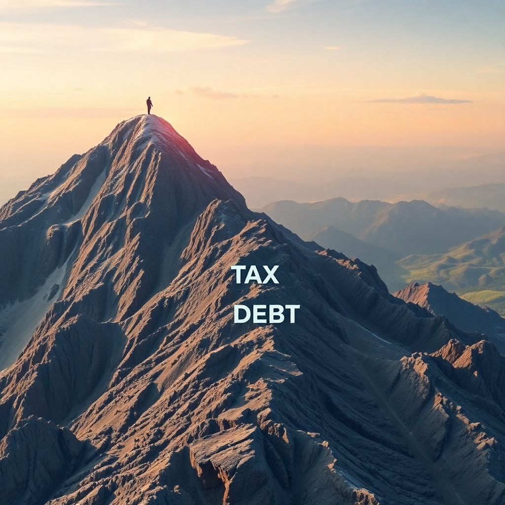 A stylized image depicting a mountain of tax debt slowly diminishing, symbolizing debt resolution. Resolution: 4K, emphasis on visual storytelling and hope