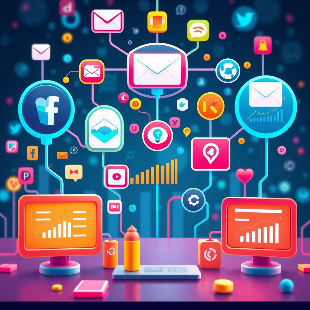 A stylized image of a digital marketing ecosystem, with various interconnected elements representing different marketing channels. The elements include social media icons, email campaign interfaces, website traffic charts, and search engine optimization tools. The scene is vibrant and dynamic, with a focus on the interconnectedness of the elements. The color palette is modern and eye-catching, using a variety of bright colors. The camera angle is a medium shot, showing the complexity and scope of the marketing ecosystem. The texture details are smooth and glossy, emphasizing the digital nature of the environment. Consider a style reminiscent of infographic designs or marketing software interfaces. Technical specs: High resolution, vector graphics.