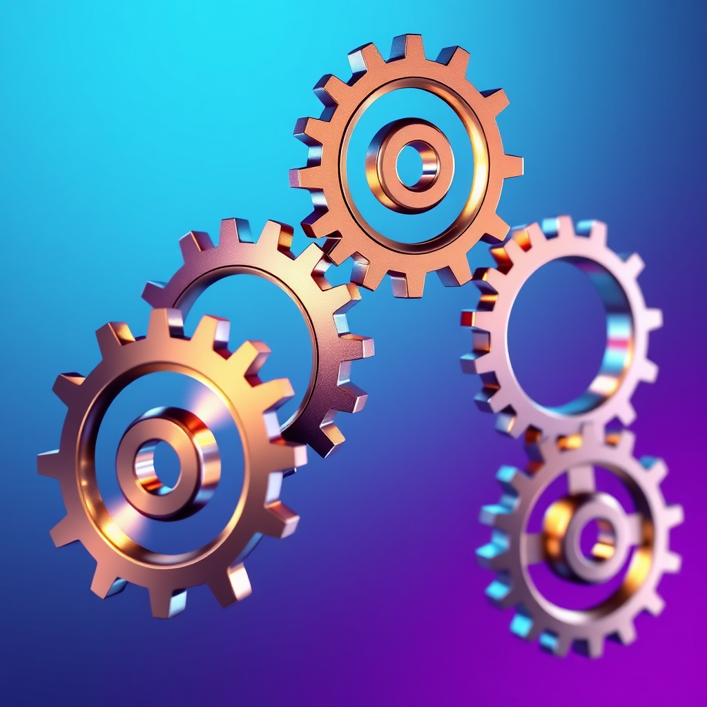 A stylized image of interconnected gears turning smoothly. Each gear represents a different aspect of project management, such as planning, execution, and monitoring. The gears are made of polished metal and are illuminated by soft, ambient light. The background is a gradient of blue and purple, symbolizing innovation and efficiency. The camera angle is a medium shot, showcasing the interconnectedness of the gears. The texture details should be smooth and polished, emphasizing the seamless operation of the project management system. Consider a style reminiscent of engineering diagrams and technical illustrations. Technical specs: High resolution, smooth shading.
