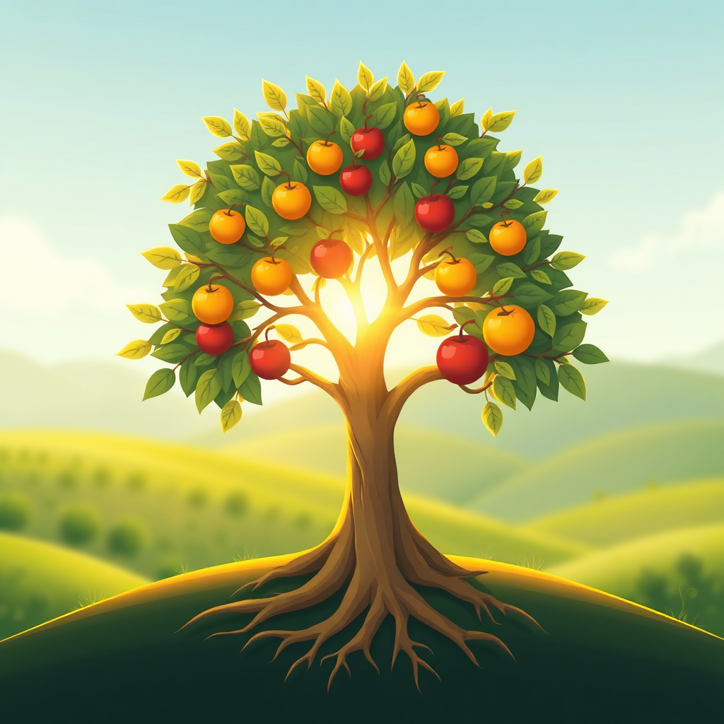 A stylized image representing Ay Dee Consulting's commitment to free business resources. The scene should depict a stylized tree with roots representing core business principles (strategy, marketing, finance) and branches bearing fruit in the form of free resources (ebooks, templates, guides). The tree is bathed in golden sunlight, symbolizing growth and prosperity. The background features a soft, blurred landscape representing the business world. Use a color palette of greens, golds, and blues to evoke trust, growth, and stability. The camera angle should be a medium shot, focusing on the tree and its fruit. Texture details should be smooth and inviting, with a slightly painterly style. Consider a style reminiscent of stylized illustrations for business growth. Technical specs: 4K resolution, high quality rendering.