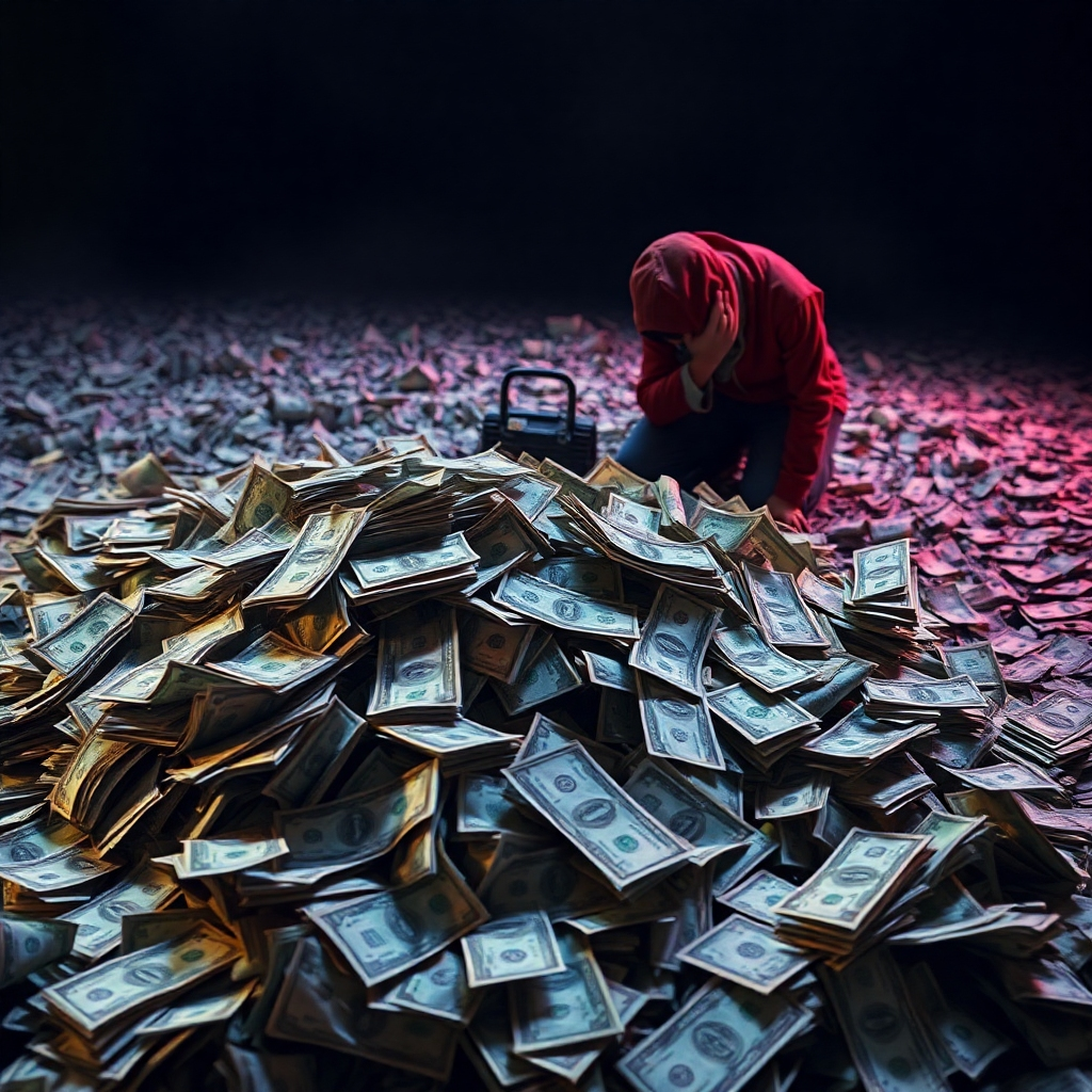 A stylized image showing a pile of discarded money and a sad person. The scene should convey lost financial opportunities and regret. High contrast, use of color and light to show potential vs reality. Resolution: 4K, highly detailed. Lighting: moody and dramatic
