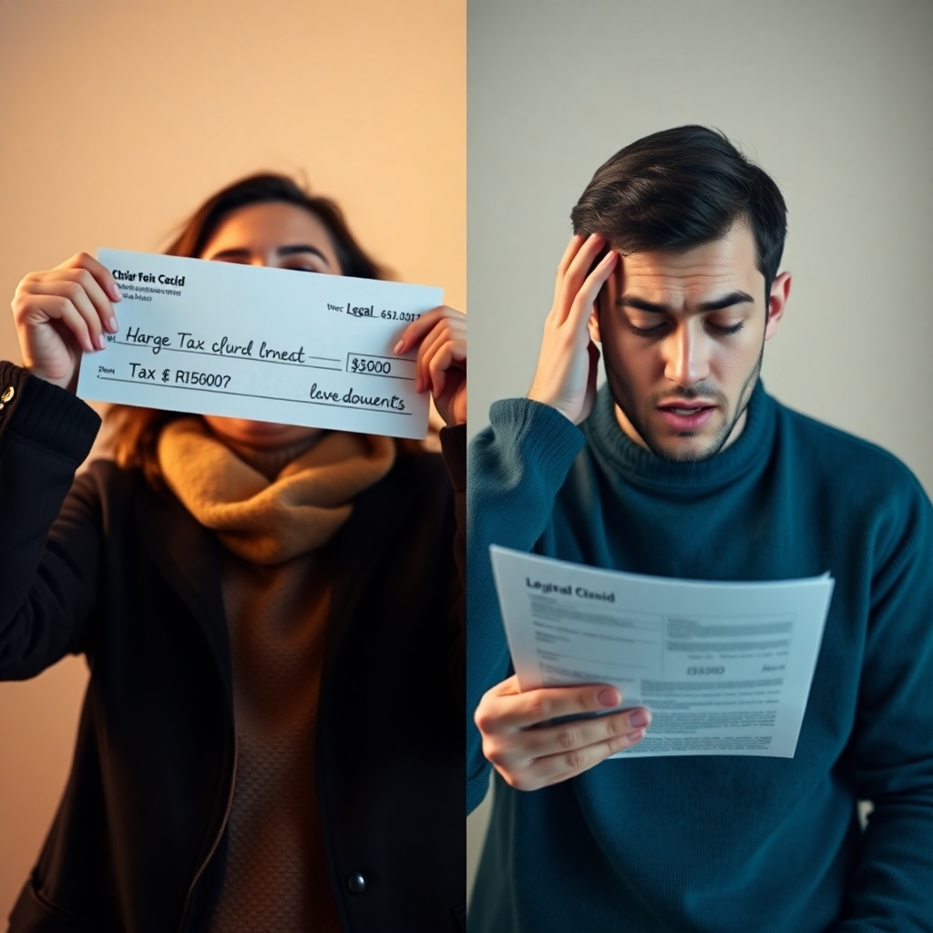 Create a 4K resolution photorealistic image depicting a split-screen effect. One side shows a person happily receiving a large tax refund check; the other side shows someone stressed, overwhelmed, and facing legal documents related to tax debt. The image should focus on the contrasting expressions and situations. The color palette should use warm, cheerful tones for the positive side and cool, muted tones for the negative side. The camera angles should be over-the-shoulder shots for both sides. Highlighting facial expressions and emotions is key, the environment should be simple, the textures of the clothes should be realistic, and no props are needed beyond the check and documents.