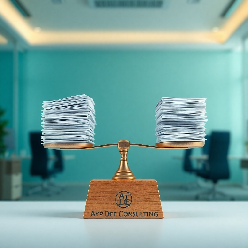 Create a 4K resolution photorealistic image representing Ay Dee Consulting's mission to reduce tax penalties. Depict a metaphorical scale, balanced perfectly. On one side, a large, heavy pile of tax documents represents penalties. On the other side, a smaller, lighter stack of papers symbolizes reduced penalties after expert intervention. The background should be a clean, modern office space with soft, natural lighting. Use a color palette of blues and greens for a calming, trustworthy feel. The focus should be sharp on the balanced scale.  The image should look professional and reassuring, symbolizing Ay Dee Consulting's ability to achieve optimal tax outcomes. The scale should be realistically rendered with metal and wood textures, and the documents should be highly detailed.  Include subtle details, like the faint Ay Dee Consulting logo etched into the scale's base.  The lighting should be even and subtle, avoiding harsh shadows.