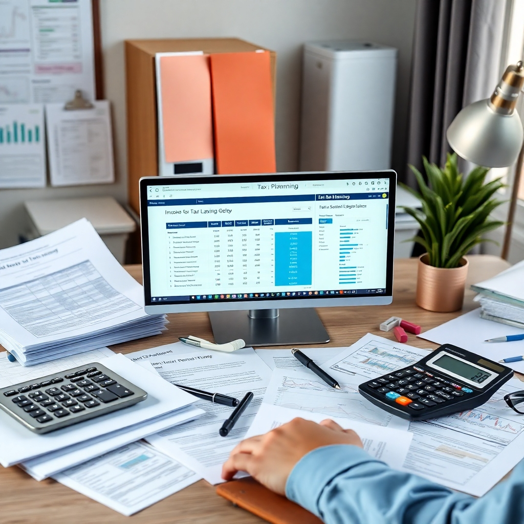 Create a photorealistic image depicting a well-organized workspace with important financial documents, calculators, and a computer screen showing a tax planning software. Use a color palette that suggests accuracy and attention to detail, like various shades of blue and grey. The lighting should be soft and professional.  The level of detail should be high, clearly showing the different elements and how they relate.