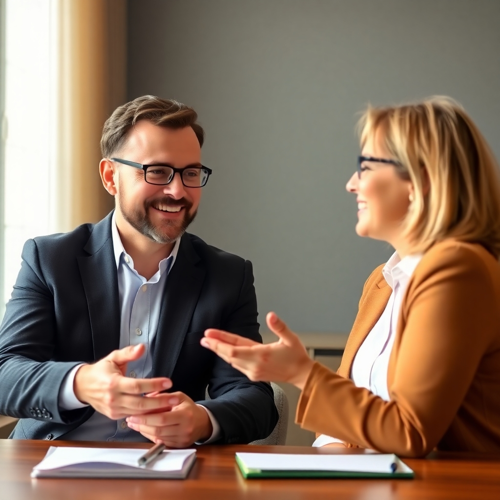 Create a photorealistic image of a financial planner working with a client, showing a friendly and professional consultation. The image should convey confidence and expertise, using a color palette that evokes trust, like warm browns and comforting yellows.