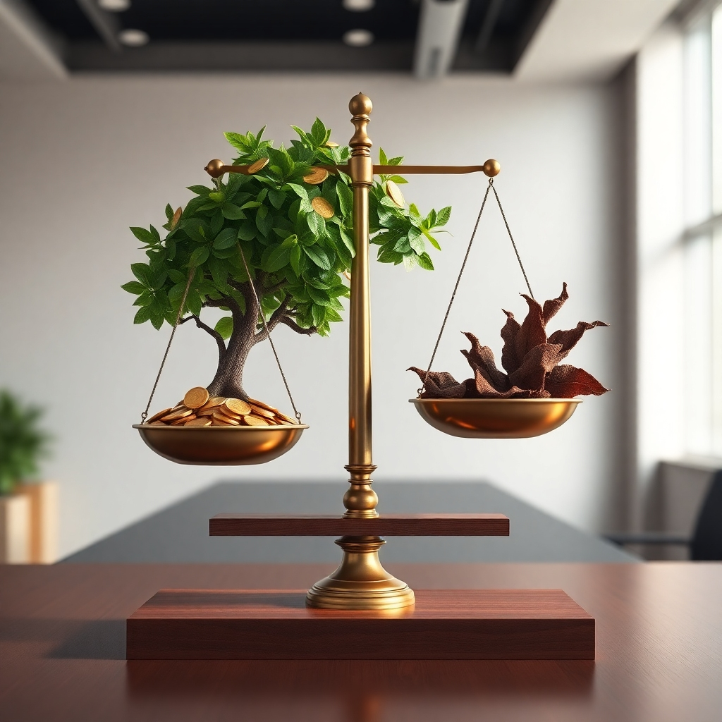 Create a photorealistic, ultra-high-quality 8K resolution image for Ay Dee Consulting's header. The image should depict a stylized scale, one side showing a flourishing money tree laden with gold coins, symbolizing the rewards of timely tax filing; the other side showing wilting, decaying leaves, representing the penalties of unfiled returns. The scale should be elegantly designed, perhaps with a vintage or modern minimalist aesthetic. The lighting should be soft and dramatic, highlighting the contrast between the two sides. The color palette should be rich and sophisticated, incorporating earth tones for the scale and vibrant green for the money tree, contrasted with muted browns for the decaying leaves. The camera angle should be slightly elevated, providing a comprehensive view of the scale. The environment should be a clean, well-lit office space or a neutral background, ensuring that the scale and its symbolism are the focal points. Textures should be highly detailed: smooth, polished wood for the scale's structure, the rough texture of tree bark, and the sheen of gold coins. No specific style references are needed, but strive for a high level of realism and impact. The overall style should evoke a sense of professionalism, trust, and clarity