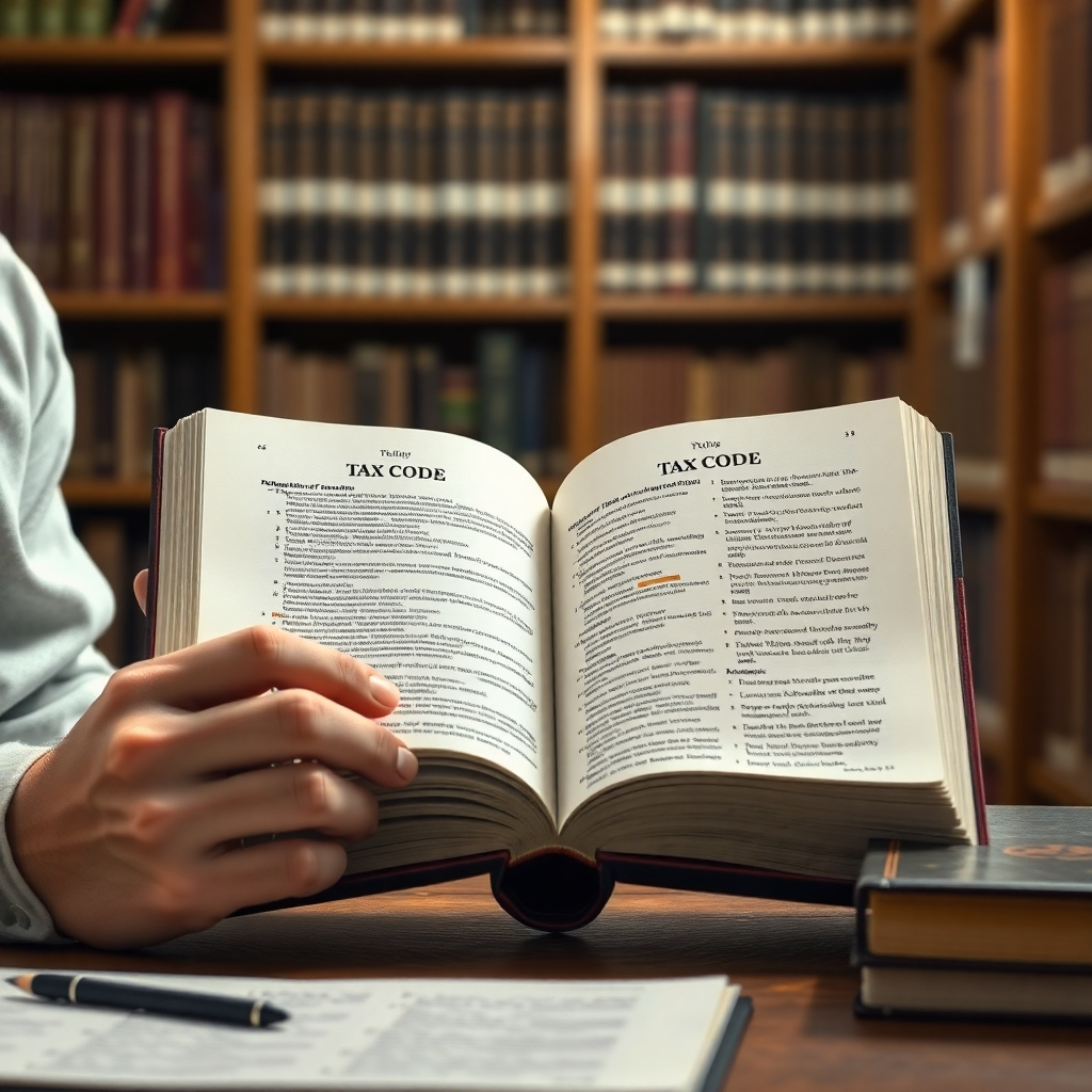 Design a photorealistic image of a person studying a tax code book.  The book is open, with important sections highlighted.  The background is a library or study, suggesting a serious pursuit of knowledge. The image should feel intellectual and methodical, emphasizing precision and accuracy. The color scheme should be neutral, with a focus on detailed textures. Soft warm lighting would help convey the scene.