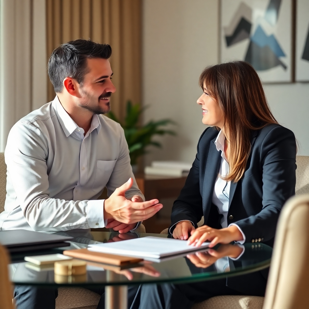Design a photorealistic image of a consultation between a client and a tax advisor, focusing on a collaborative and reassuring environment. The image should include subtle visual cues suggesting trust, competence, and understanding. The color scheme should be warm and inviting. The lighting should be soft and natural, creating a comfortable atmosphere.