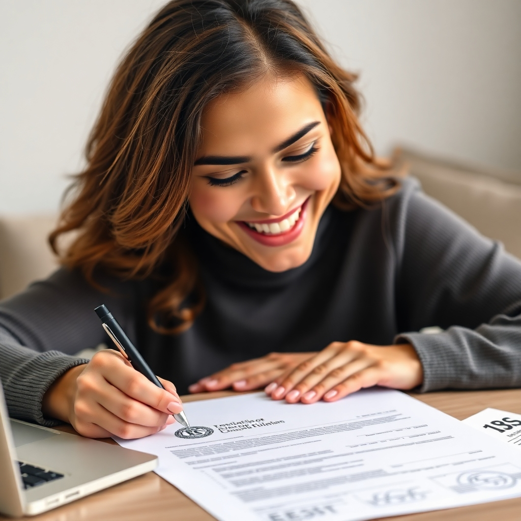 Photorealistic image, 4K resolution: A person happily signing a document, with a relieved expression, symbolizing successful tax resolution. The document has a subtle IRS logo, but the main focus is on the person's positive expression. Use soft lighting, and calming colors. Include elements representing financial freedom, such as a laptop or paperwork symbolizing resolved debts.  Style: Naturalistic portraiture