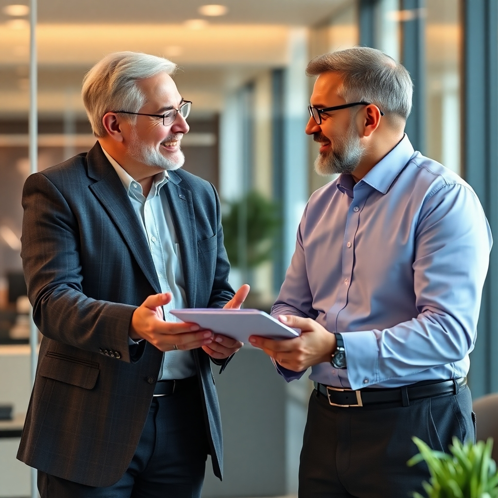 Photorealistic image, 4K resolution:  A professional tax consultant is having a calm and reassuring discussion with a client, showing mutual understanding and trust. The background should be a modern, professional office setting.  Warm lighting and a reassuring color palette. Style: Professional portraiture
