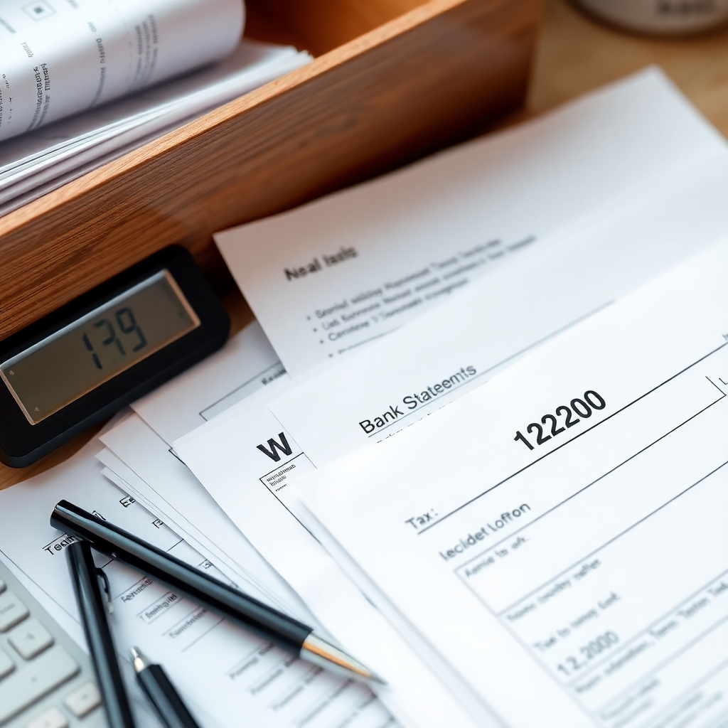 Photorealistic image, 4K resolution.  Show neatly organized tax documents, like W-2s, 1099s, and bank statements. Use soft lighting and neutral colors to create a sense of order and organization. The camera angle is a high-angle, slightly elevated shot to demonstrate the order and preparedness. The image should evoke a sense of preparedness and trustworthiness.