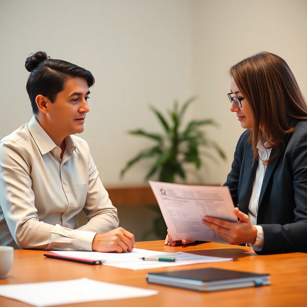 Photorealistic image, 4K resolution: A tax professional is calmly and confidently explaining a tax issue to a client.  Warm, neutral color palette.  Style: professional office meeting