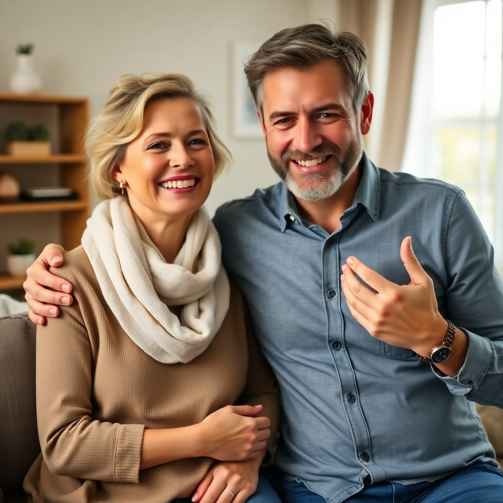 Photorealistic image, 4K resolution:  A couple looks relieved and hopeful together, indicating a successful resolution to a tax issue involving both parties.  The background should be a warm and supportive domestic scene. Style: happy couple photography
