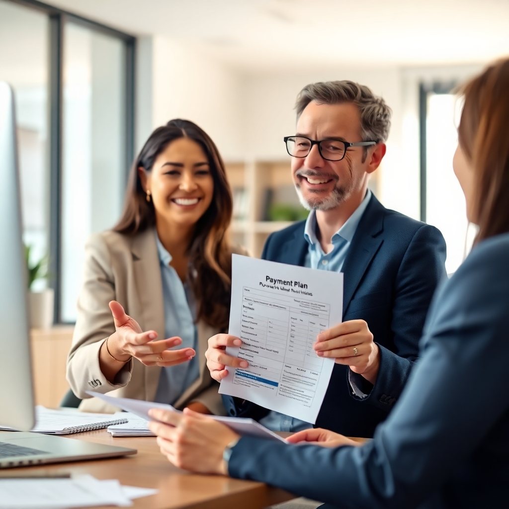 Photorealistic image, 4K resolution. Depict a friendly tax advisor explaining payment plan options to a client. The setting is a bright, modern office. Soft, natural light. Warm color palette, with calming blues and greens. The camera angle is slightly over the shoulder of the client, focusing on the advisor's hand gesturing towards a document with payment plan details. Texture details should include the realistic feel of the office environment, papers, and the client's expression of relief and understanding. This creates a trustworthy and approachable feel.