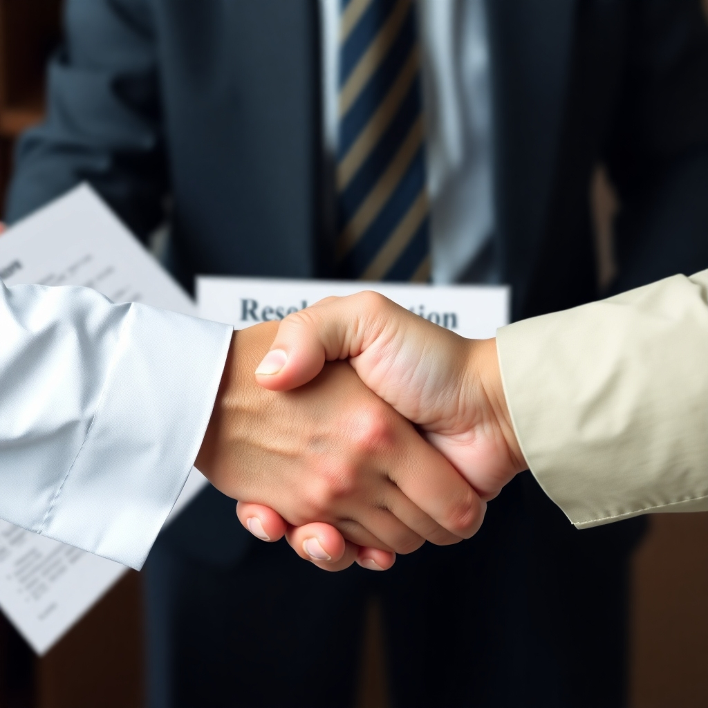 Photorealistic image, 4K resolution: A document signed by both parties (IRS and client) and a handshake indicating a successful resolution. The document should subtly mention 'Offer in Compromise'.  Style: Legal documents and handshakes
