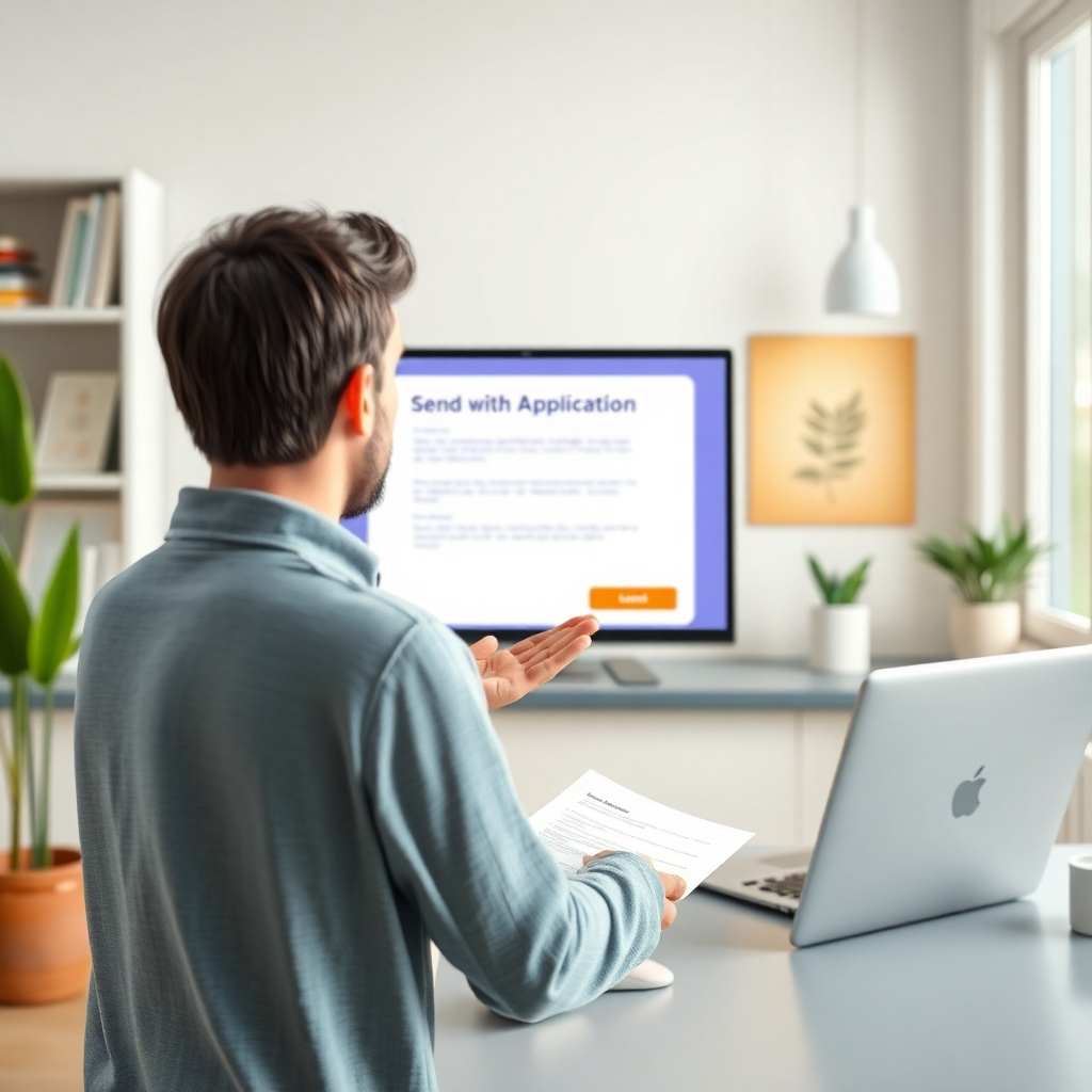 Photorealistic image, 4K resolution. Depict a person successfully sending the application through online portal or physically mailing it. The image should evoke a sense of accomplishment and relief. The colors should be cheerful and positive. The environment should be clean and inviting.