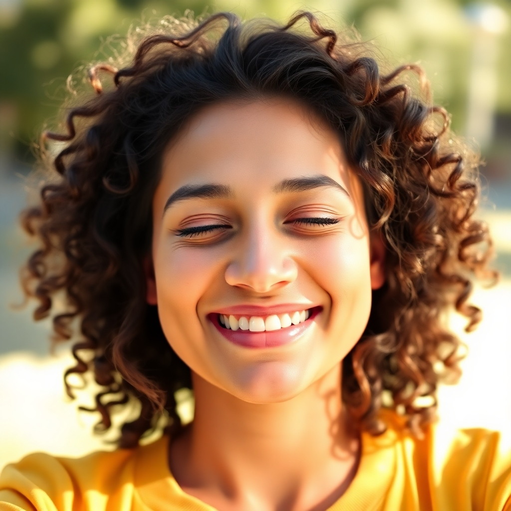 Photorealistic image, 4K resolution: A person looks stress-free and relaxed, smiling serenely. They're surrounded by sunlight and positive energy.  Style: Calm and serene portrait photography