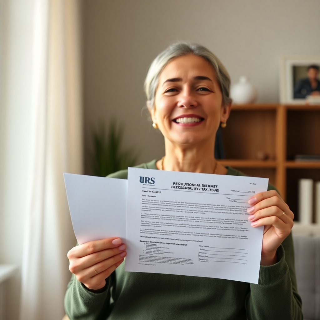 Photorealistic image, 4K resolution: Depict a person looking relieved, holding a document showing a successful resolution to an IRS tax issue. Use soft, natural light and a calming color palette. Style: candid photography