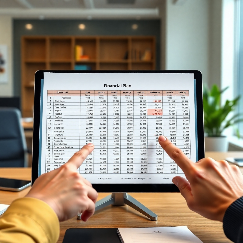 Photorealistic image, 4K resolution: A detailed financial plan spreadsheet is prominently displayed, with a supportive hand pointing to a key section of the plan. The background should be a clean, professional office environment.  Style: Clean, detailed product shot
