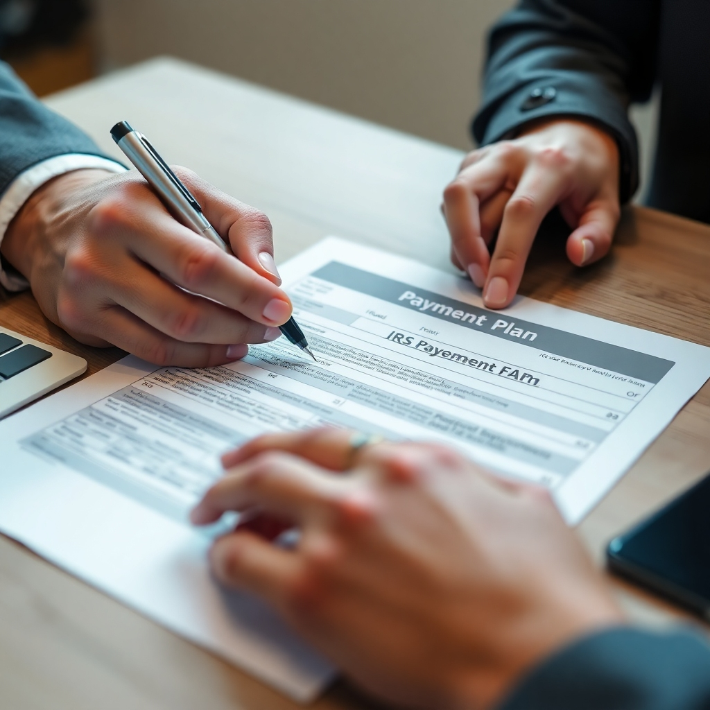 Photorealistic image, 4K resolution, showing a close-up shot of hands filling out an IRS payment plan application form. Focus on the process and the steps. The light source should highlight the details of the form and the hands. The color palette is slightly muted, with professional blues and grays dominating the image. The texture should include the details of the paper and pen, showing the process in a realistic way. The environment is a neutral workspace.