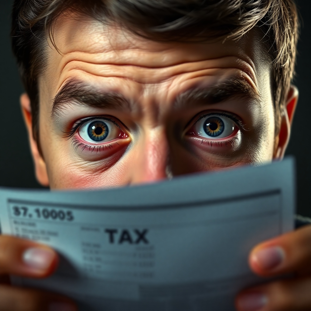 Photorealistic image depicting a person staring at a large tax bill, eyes widening in shock, to emphasize the financial impact of penalties. Resolution: 4K, hyperrealistic