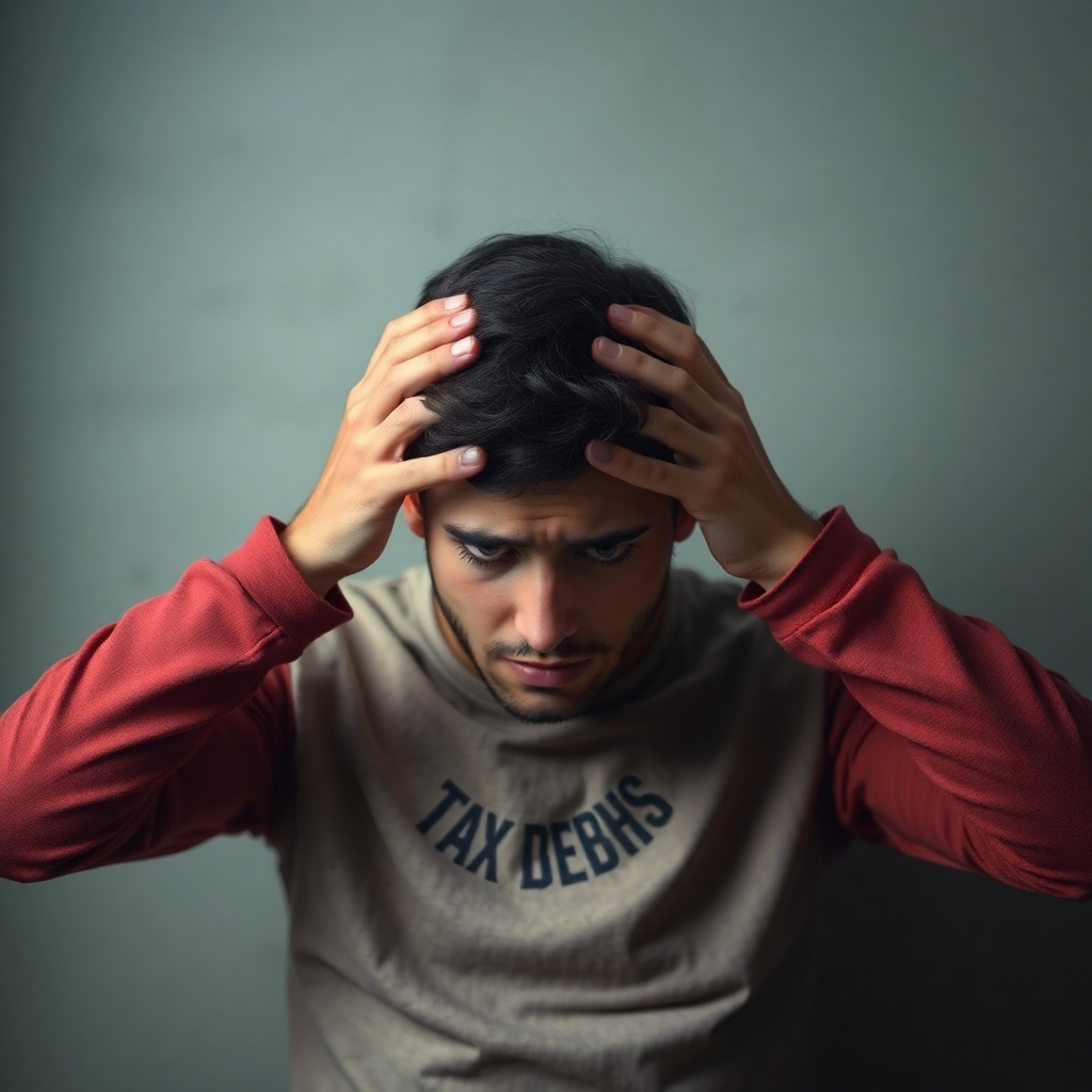 Photorealistic image showing a person feeling isolated and ashamed because of tax debts, the visual conveying shame and loneliness. Resolution: 4K, highly detailed.