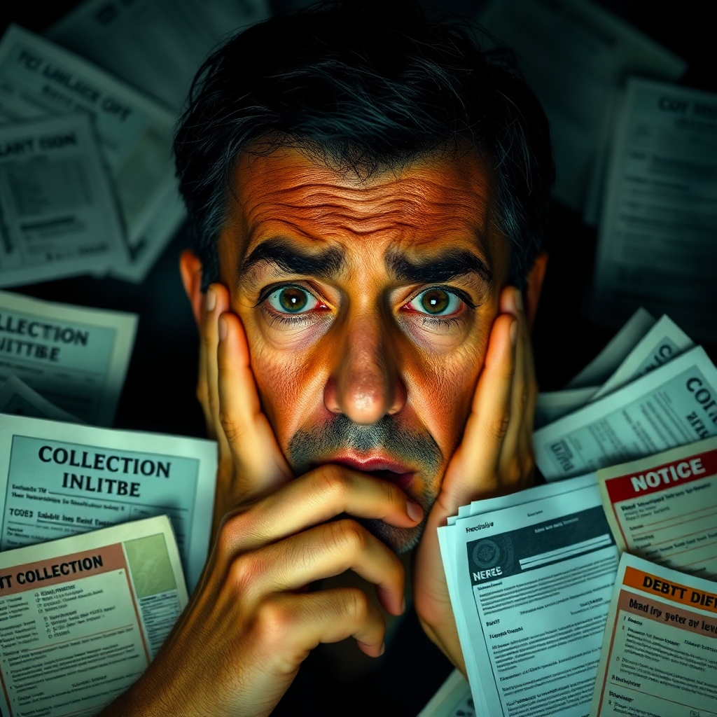 Photorealistic image showing a person looking stressed, surrounded by bills and debt collection notices. Resolution: 4K, highly detailed. Lighting: dim, emphasizing stress