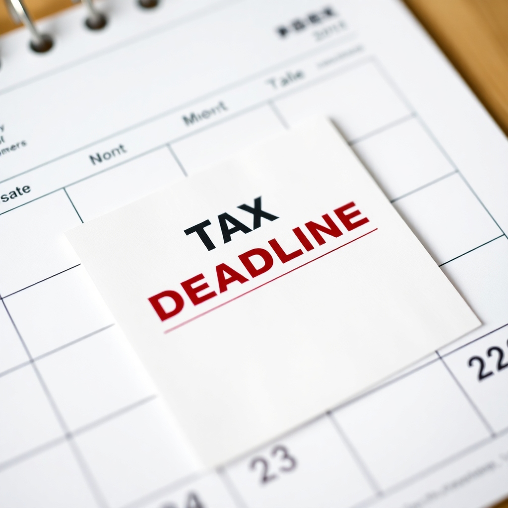 Produce a photorealistic image of a calendar with a tax return form placed prominently on the tax deadline date. Use bright, clear colors to highlight the importance of the deadline. The calendar should be detailed and easy to read. The overall mood should be one of urgent but manageable action.