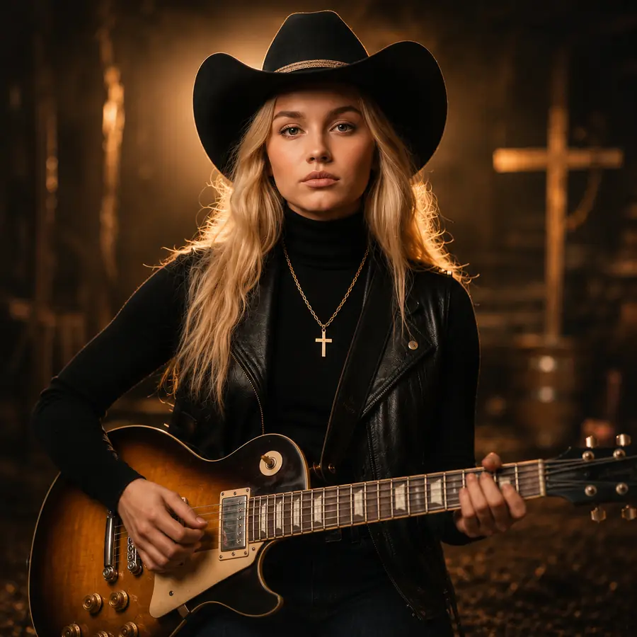 Ellie Mae Walker wearing a black cowboy hat and holding a guitar
