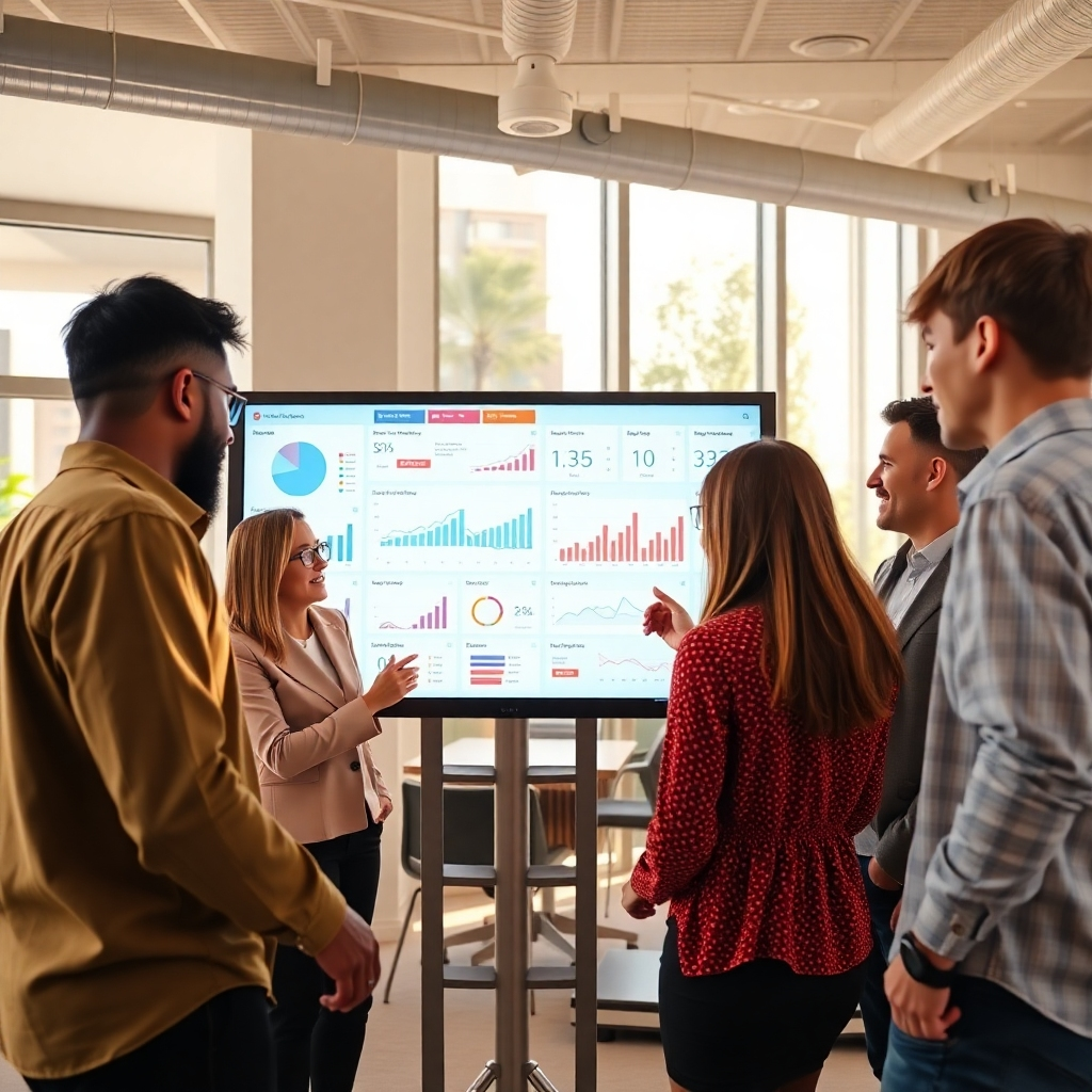 A 4K photorealistic image showcasing a diverse team collaborating in a modern, sunlit office space. The team is gathered around a large interactive screen displaying dynamic marketing data, charts, and website analytics. Each team member is engaged and animated, conveying a sense of innovation and collaboration. The scene should capture the vibrant energy and strategic thinking that drive Bridgette Conn's online marketing approach. The color palette should be warm and inviting, incorporating natural light and subtle brand colors. The composition should be balanced and visually appealing, highlighting the team's expertise and dedication. Camera angle: eye-level, capturing the team's interactions and the modern office environment. Style reference: Modern tech company aesthetic, emphasizing transparency and teamwork.