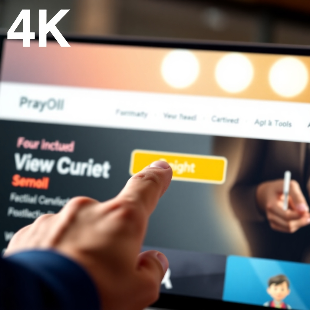 A 4K photorealistic image showing a person clicking on a call-to-action button on a website. The website features a clean and modern design with clear messaging. The background should be blurred, focusing on the button and the person's hand. The lighting should be bright and inviting, creating a sense of urgency. The color palette should be vibrant and engaging, drawing the viewer's attention to the button. Camera angle: close-up, emphasizing the button and the person's hand. Style reference: Modern conversion-focused website design.